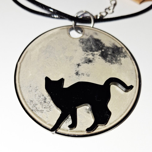 Cat in Front of Full Moon Acrylic Pendant Necklace
