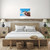 "Great Blue Heron" Airbrushed Canvas in rustic Bedroom with white wall above whitewashed wood shiplap headboard and end tables
