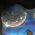Upper left moon detail on "Celestial Whispers" Airbrushed Canvas with Carved Wood Wolf