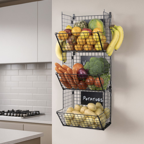 Foldee 3 Tier Stackable Wall Mountable Storage Baskets with Wheels
