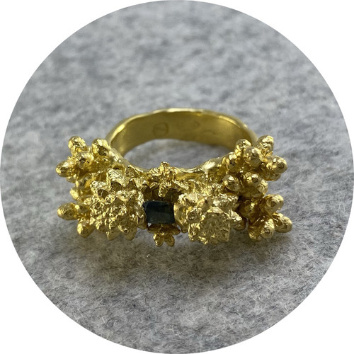 Manuela Igreja- Enchanted Forrest Ring. Yellow gold plated sterling silver. Parti sapphire QLD. Size M. Manuela Igreja- Enchanted Forrest Ring. Yellow gold plated sterling silver. Parti sapphire QLD. Size M.