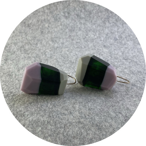 Hannah Carlyle - Facet Hooks, Hand Pigmented Resin, Sterling Silver, Purple Green Hannah Carlyle - Facet Hooks, Hand Pigmented Resin, Sterling Silver, Purple Green