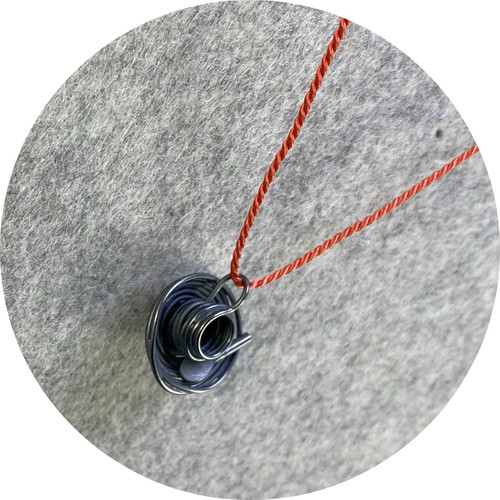 Melissa Gillespie - ‘Miniature Oxidized Teacup, Saucer and Spoon Necklace’ in Sterling Silver and Orange Silk Melissa Gillespie - ‘Miniature Oxidized Teacup, Saucer and Spoon Necklace’ in Sterling Silver and Orange Silk