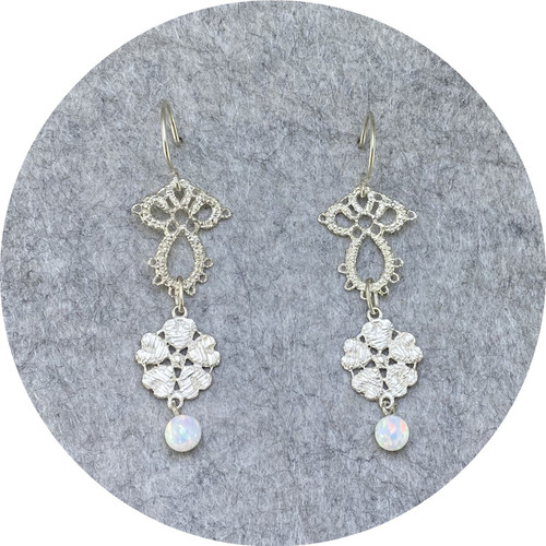 Pamela Camille- Tatted small Derry lace- Large Derry rose with synthetic opal bead. Sterling silver. Pamela Camille- Tatted small Derry lace- Large Derry rose with synthetic opal bead. Sterling silver.