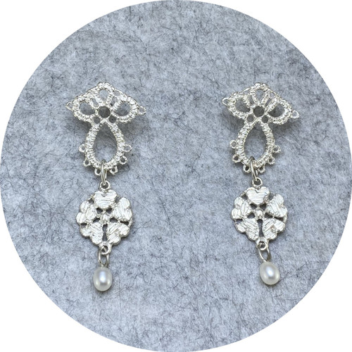 Pamela Camille- Small Derry Lace- rose with small teardrop pearl. sterling silver. Pamela Camille- Small Derry Lace- rose with small teardrop pearl. sterling silver.