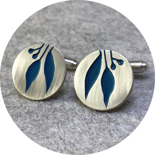 Emma Kidson - Gum Leaf Cufflinks, sterling silver, teal cold enamel Emma Kidson - Gum Leaf Cufflinks, sterling silver, teal cold enamel