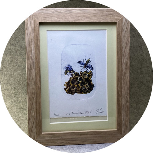 Elaine Camlin - Australian Bees, framed Unique State drypoint and watercolour on BFK Rives Elaine Camlin - Australian Bees, framed Unique State drypoint and watercolour on BFK Rives