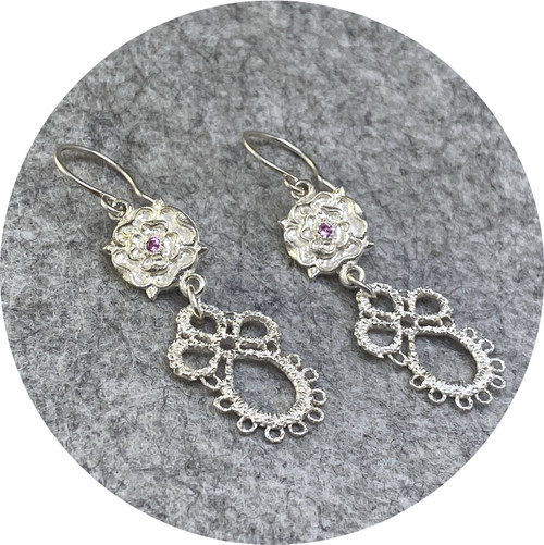 Pamela Camille - Tudor Rose/Derry Lace earrings, sterling silver, pink sapphire Pamela Camille - Tudor Rose/Derry Lace earrings, sterling silver, pink sapphire