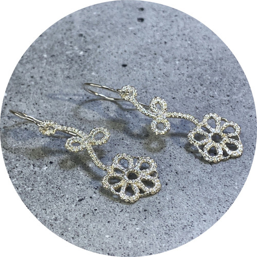 Pamela Camille- Flower drop earrings. Tatted, sterling silver.