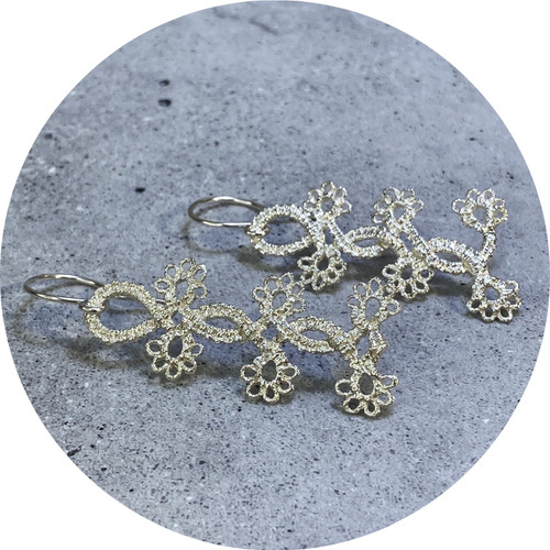 Pamela Camille- Entwined Blossom earrings. Sterling silver, tatted.