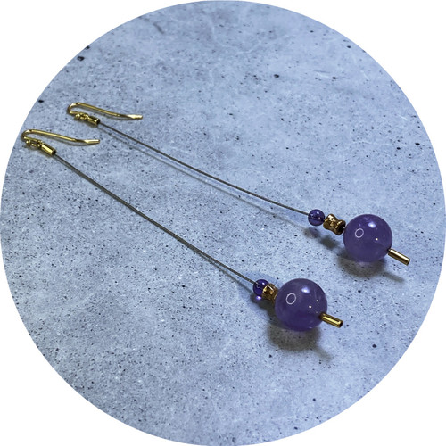 Dorothy Erickson- 'Monet Series' Amethyst Drop Earrings- Charolit- Amethyst- 18ct Gold- 14ct Gold Bead- Steel Cable- Steel Cable