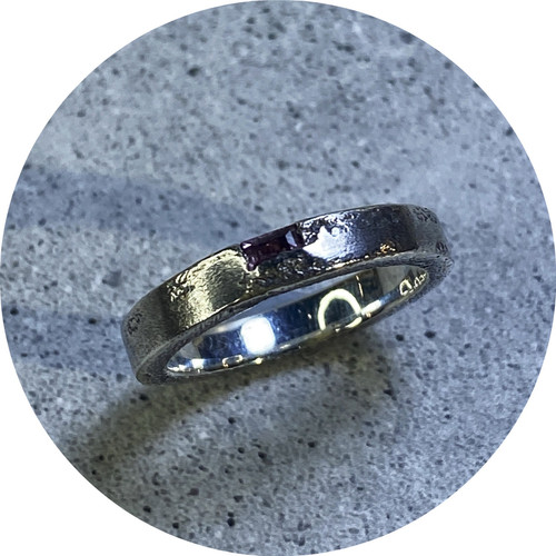 Kirra-lea Caynes- Sand Cast Ring- Pink Baguette Sapphire and Sterling Silver