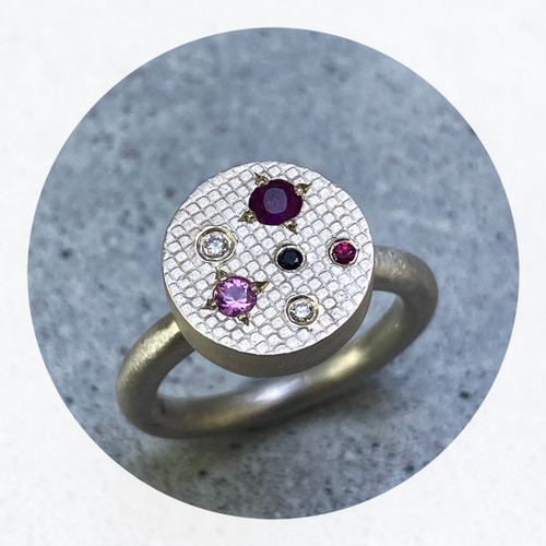 Robyn Clarke- Stratum Ring- Sterling Silver, Ruby, Pink Sapphire, Black Sapphire, Diamond