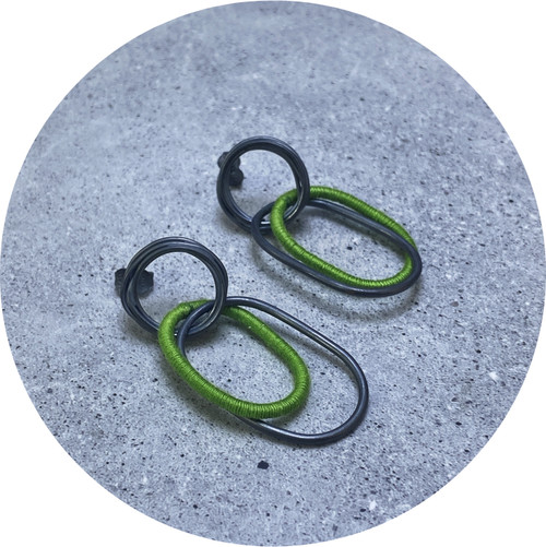 Melissa Gillpespie - Wrapped Green Oxidised Dangle Earrings (large), Sterling Silver, Cotton