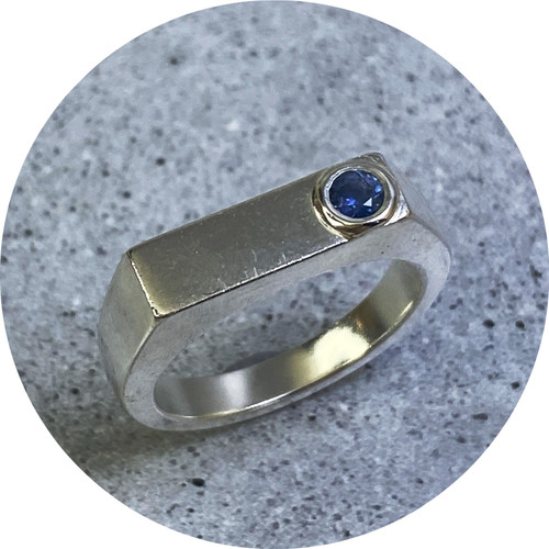 Kirra-Lea Caynes- Sand Cast Signet Ring, Sterling Silver, Australian Sapphire, Size M