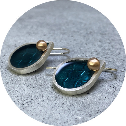 Robyn Clarke - Chroma Scales Droplet Earrings in Teal/Claret, Fine Silver, Sterling Silver, 9ct Yellow Gold, Vitreous Enamel