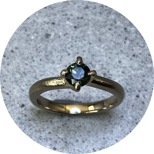 Kirra-Lea Caynes - Sand Cast Solitaire Ring, 18ct White Gold, Green Queensland Sapphire, Size I 1/2