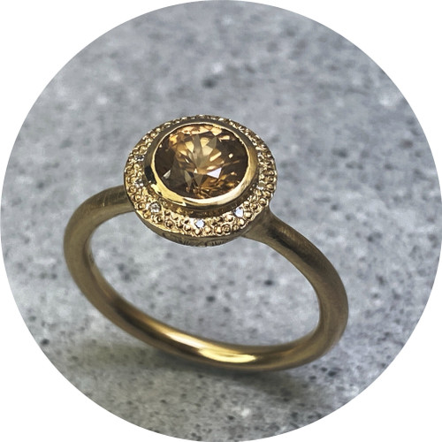Katie Shanahan - 9ct Yellow Gold Ring, Brown Zircon, Lab Grown Diamonds Halo, Engraved Ginko Leaves