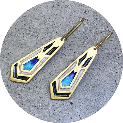 Claire Taylor - Art Deco Long Earrings, Sterling Sliver, Yellow Gold Plated, Enamel