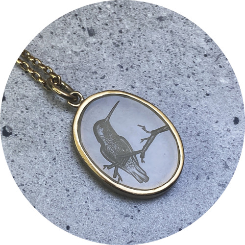 Katie Shanahan - 9ct Yellow Gold Pendant, Hand carved hummingbird Intaglio White Chalcedony, 9ct Yellow Gold Oval Belcher Chain