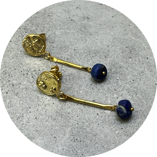 Katie Shanahan - 'Relic' drop studs, 18ct Yellow Gold Plated Sterling Silver, Lapis Lazuli beads