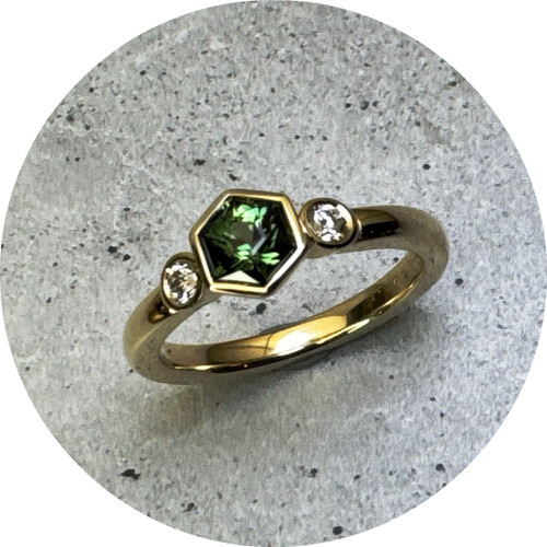 Jess Ervin - Hexagonal, Round Trilogy Ring, 9ct Yellow Gold, Sapphire, Diamond, Size P