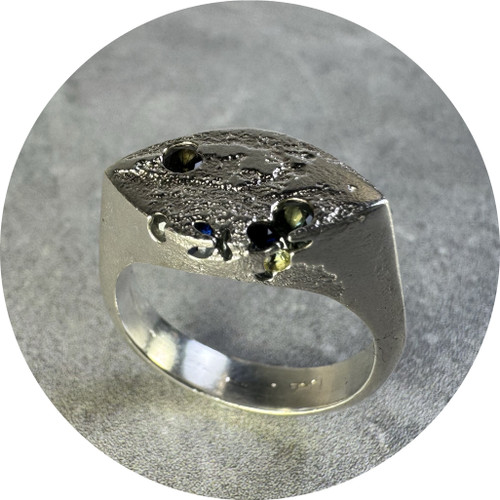 Kirra-Lea Caynes - Sterling Silver Sand Cast Eye Signet Ring With 8 Australian Sapphires, Scatter Cast in Place. Size O