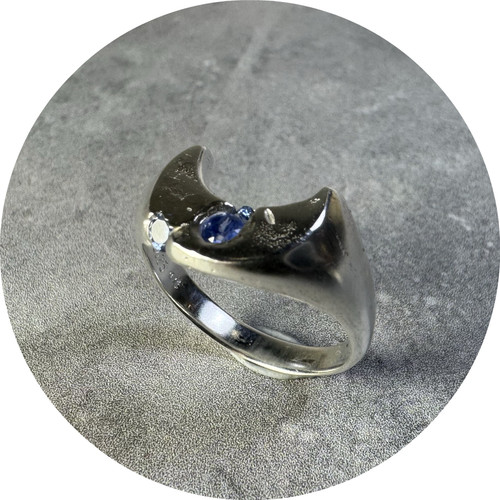 Kirra-Lea Caynes - Sterling Silver Sand Cast Moon Signet Ring With 4 Sapphires, Scatter Cast-In-Place. Size N
