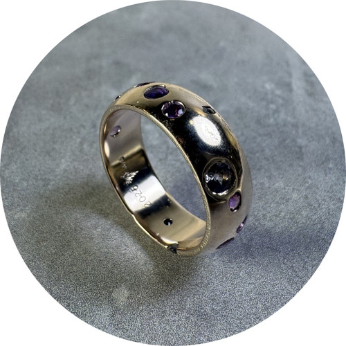 Kirra-Lea Caynes - Wide Sand Cast Band, 9ct Yellow Gold, Sapphires, Size O.5