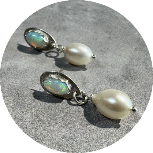 Amanda Croatto - 'Ice and Fire' Stud Earrings, Coober Pedy Opal, Pearl, Sterling Silver Amanda Croatto - 'Ice and Fire' Stud Earrings, Coober Pedy Opal, Pearl, Sterling Silver
