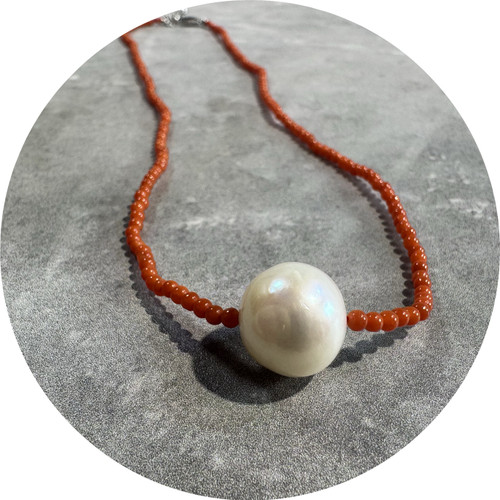 KIN - Red Agate and White Pearl Necklace, Sterling Silver, 45cm