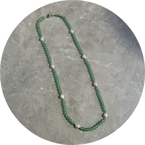 KIN - Nephrite and Pearl Beaded Necklace, Sterling Silver, Nephrite, Freshwater Pearl, 45cm