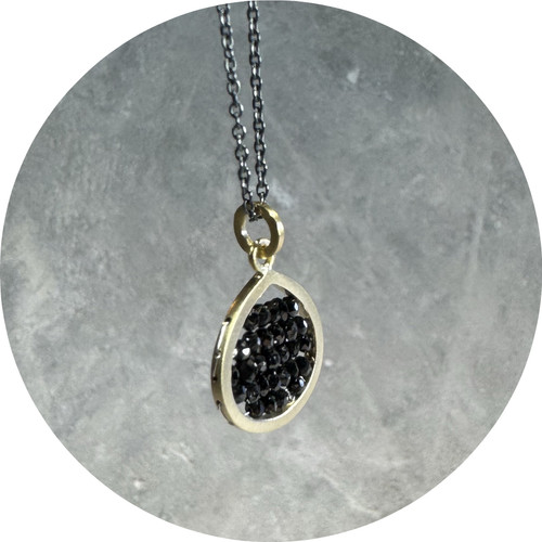 Anna Davern - "Reef Pendant" 9ct Yellow Gold, Small Teardrop Shape (15x14mm) With 1.8ct Black Diamond Beads, Blackened Silver Fine Cable Chain