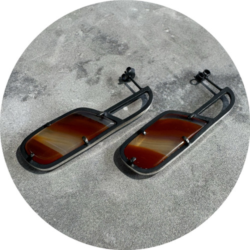 Rachael Grigulis - 'Incusion Banded Agate Linear Hoops', Oxidised Sterling Silver, Agate