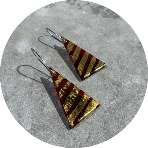 Lisa Cahill - Tree Earrings in Red and Gold, Glass, Liquid Gold, Stainless Steel