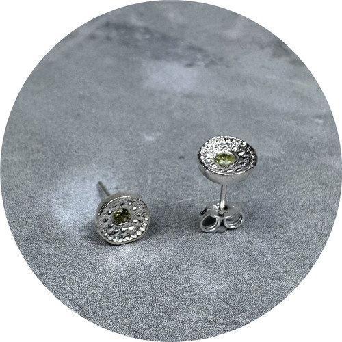 Kirra-lea Caynes - Sterling Silver Sand Cast Round Studs. Cast In Place Green Sapphires