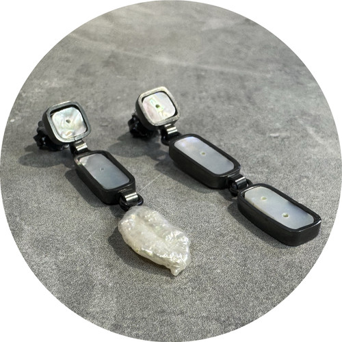Laura Eyles - 'Panels' Earrings, Mother of Pearl, Oxidised Sterling Silver, Fresh Water Pearl