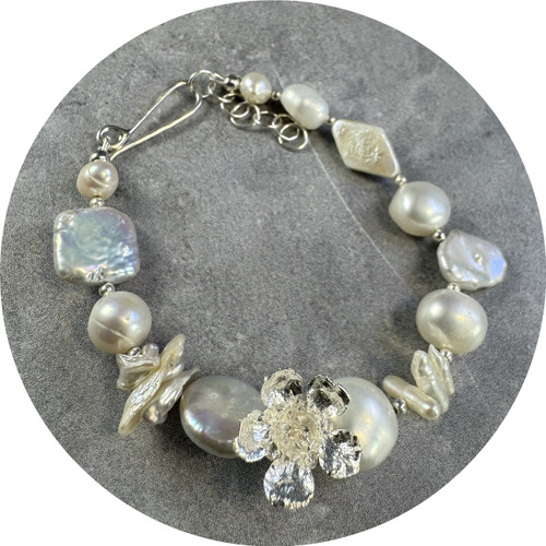 Olivia Dryden - 'Multi Pearl Bracelet With Geraldton Wax Charm', Sterling Silver, Pearls