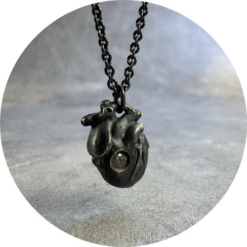 ANT HAT - Oxidised Anatomical Heart Pendant, Sterling Silver, Salt & Pepper Diamond