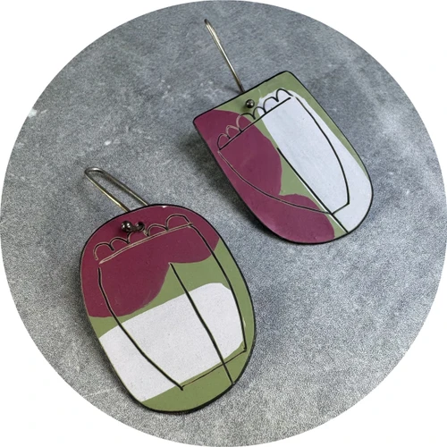 Jane Francis Reilly - Hook Earrings in Green, White, Lavender and Maroon, Copper, Enamel Paint, Sterling Silver