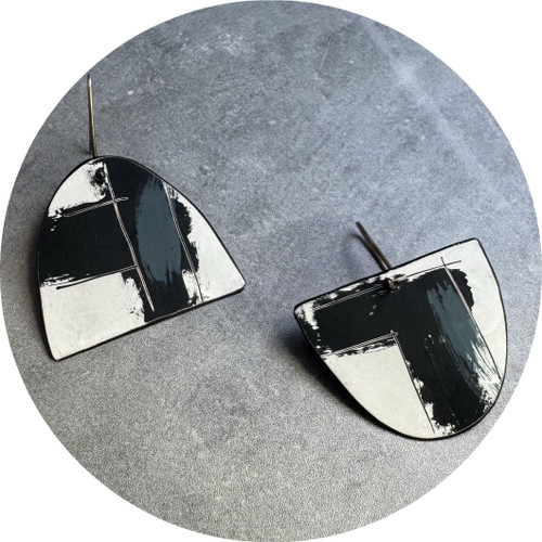 Jane Frances Reilly - Hook Earrings in Black, White, Grey and Red, Copper, Enamel Paint, Sterling Silver