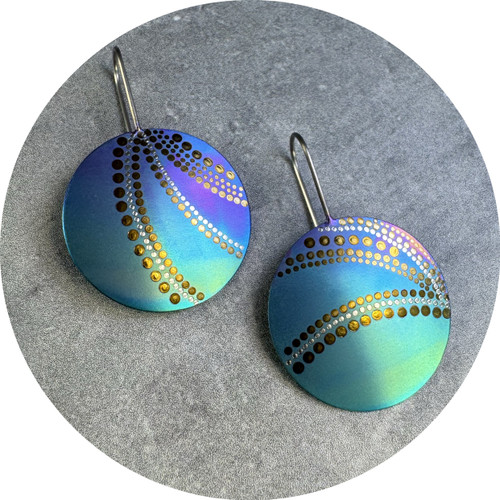 Sarah Murphy - Concentric Shields Hook Earrings in 'Peacock Trails', Size Small, Anodised Titanium