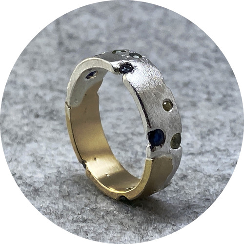 Kirra-Lea Caynes - Wide Two-Tone Sandcast Ring, Sterling Silver, 9ct Yellow Gold, Australian Sapphires, Size S