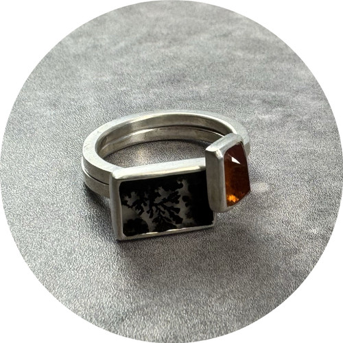 Rachael Grigulis - Inclusion: Garnet and Agate Twin Podium Ring Stack, Sterling Silver, Size N