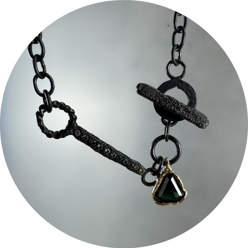 Virginia Sprague - Relic Necklace, Oxidised Sterling Silver, 9ct Yellow Gold, Australian Green Sapphire, 55cm