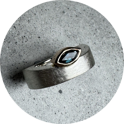 Jess Ervin - Off Set Marquise Ring, Sterling Sliver, Australian Sapphire, 14ct Rose Gold, Size Q 1/2