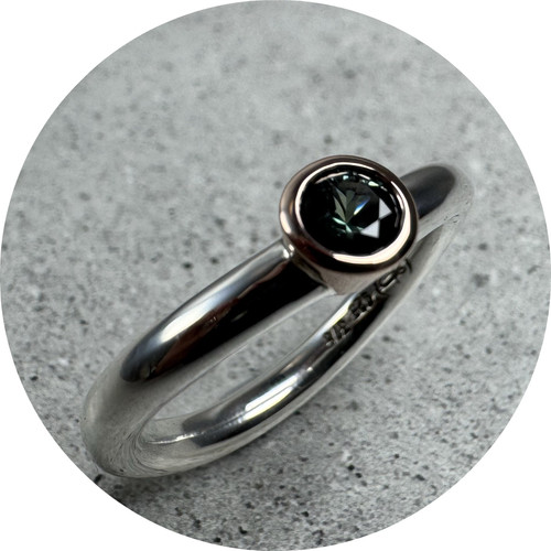 Jess Ervin - Curved Solitaire Ring with Australian Sapphire, Sterling Silver, Sapphire, 9ct Rose Gold, Size Q