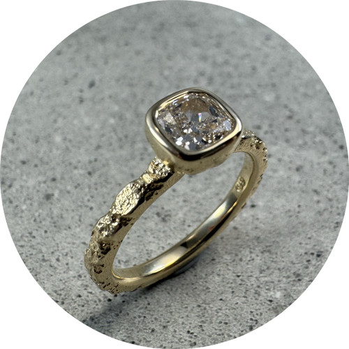 Albert Tse - Crater Cushion Solitaire Ring, 9ct Yellow Gold, Lab Diamond, Size O