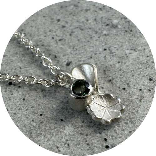 Danielle Lo - Drifting Bud Necklace, Sterling Silver, Fine Silver, Sapphire.
