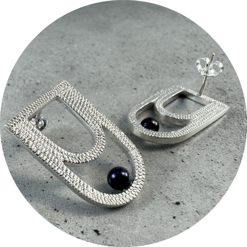 Lauren Trojkovic - Drape Earrings (Small), Sterling Silver, Black Freshwater Pearl